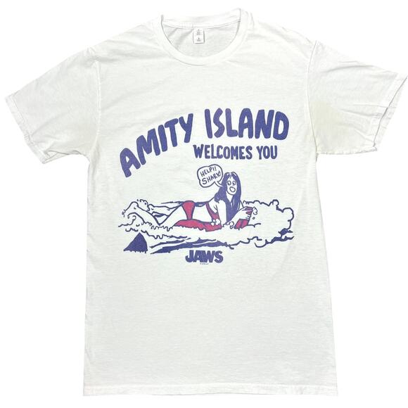 Jaws Amity Island Welcome You T-Shirt Women Small White Funny Shark Retro Movie - Picture 1 of 5